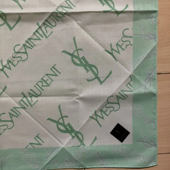New Yves Saint Laurent Bandana Handkerchief Scarf YSL Logo All Over Green - Picture 1 of 2